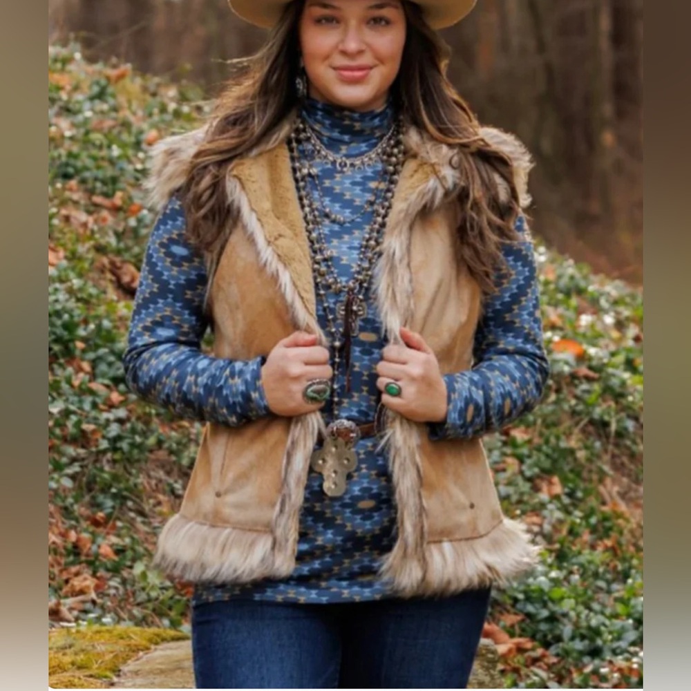 TASHA POLLIZI Cashmere Lux Faux Suede Fur Collar & Trim Midi Vest Jacket